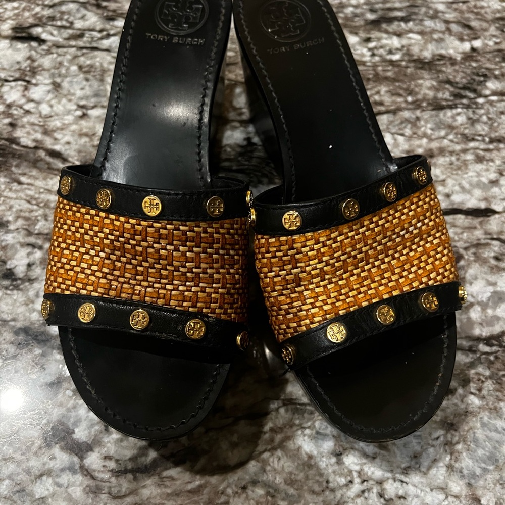 Tory Burch Black and Tan Woven Mules